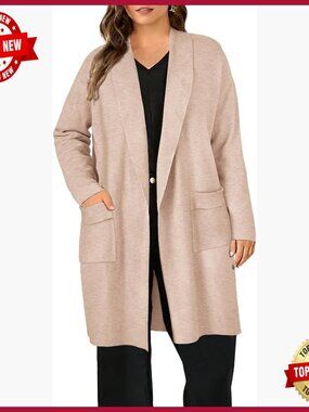 Plus Size Cardigan Sweater Long Sleeve Open Front Lapel Collar Jacket Pocket